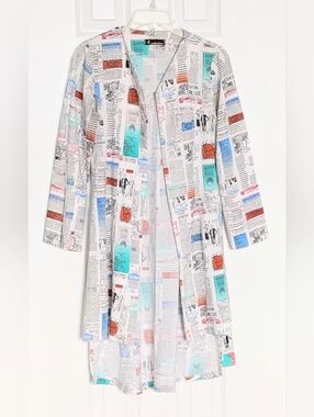 Women Colorful Newspaper- Print Maxi High-Low Lightweight Open-Front Duster Coat